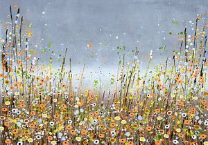 Bloemenveld oranje, grijs, blauw