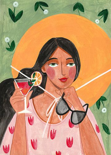 Portret vrouw met zonnehoed en cocktail in heldere kleuren