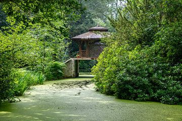 een houten huis in een park op een brug boven het water in een groen landschap