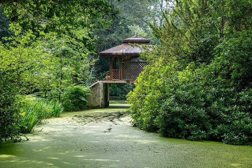 een houten huis in een park op een brug boven het water in een groen landschap van ChrisWillemsen