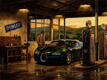 Bugatti Veyron in einer Vintage-Garagenszene von Jan Keteleer