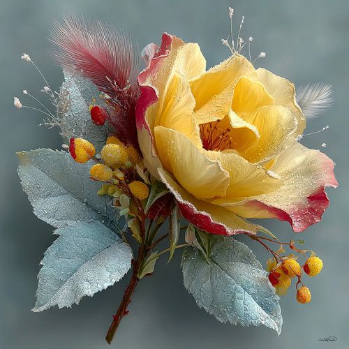 gele bloem met water en ijsvorming