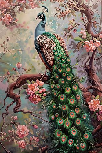 Peinture paon et fleurs