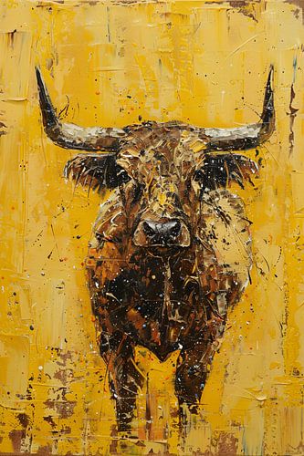 Abstract schilderij van een schotse hooglander op geel