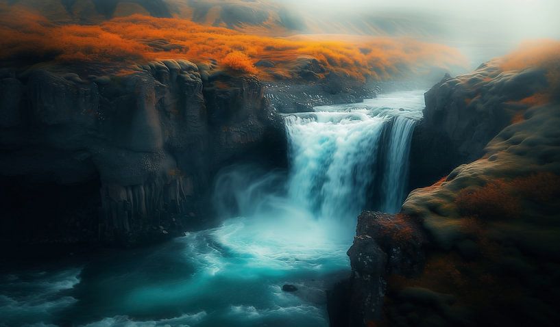 Herfstlandschap met waterval van fernlichtsicht
