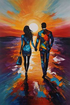 Stylish couple walks during colourful sunset by De Muurdecoratie