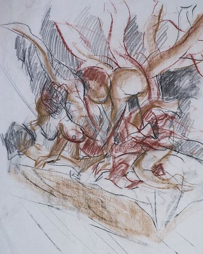 Feminine nude, expressive dancing, sketch after living model