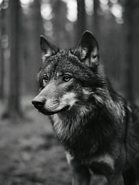 Wolf im Wald – Schwarz-weißes Wildtierbild von StudioRemier