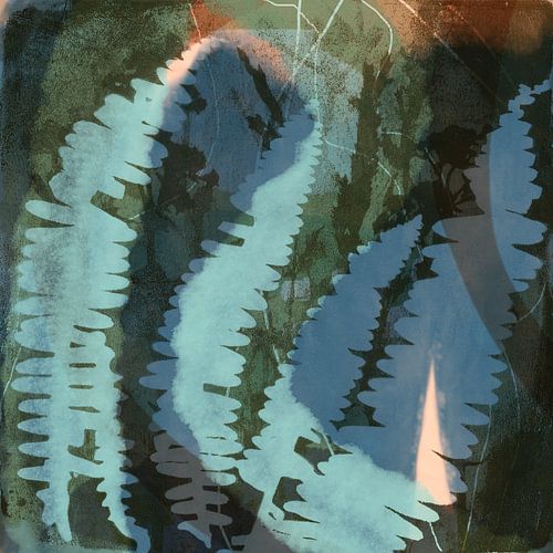 Abstracte botanische kunst in retro vibes en pastelkleuren. Varens in groen en blauw