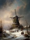 Hollands winterlandschap schilderij met molen van Preet Lambon thumbnail