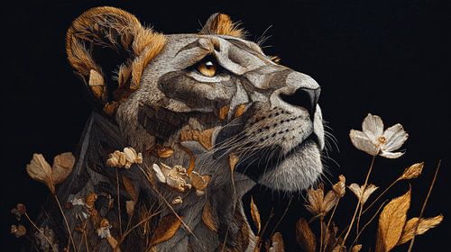 Lion With Golden Glow Among Dried Flowers