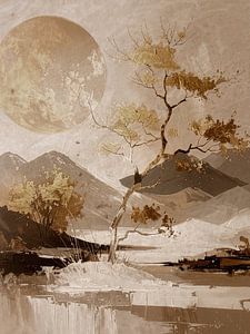 Japandi Art. Atmosphärische japanische Berglandschaft