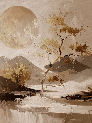 Japandi Art. Atmospheric Japanese mountain landscape