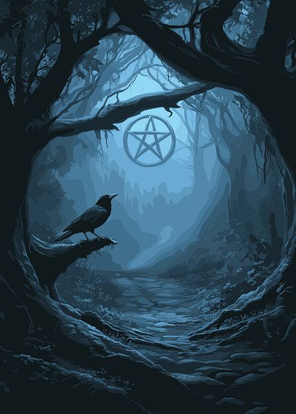 Mystischer Rabe im Wald mit Pentagramm im Mondlicht von Pixelbull Design