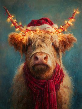 Kerst Highlander koe met hoed en lichtjes van But First Framing