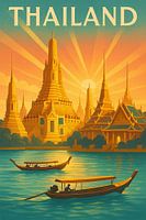 Thailand Art Deco Poster - Wat Arun und der Chao Phraya Fluss bei Sonnenuntergang