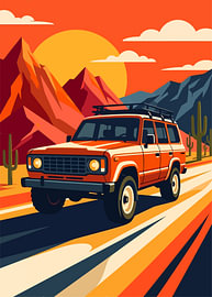 Un SUV orange vintage roulant sur une route désertique, au milieu des montagnes et des cactus