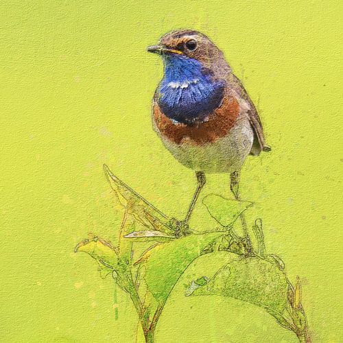 Bluethroat standing on leaves (art, mixed media)