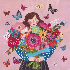 Vrouw met kleurrijk bloemen boeket van Caroline Bonne Müller