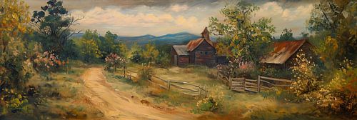Volkskunst Schilderij van Vredig Dorpje