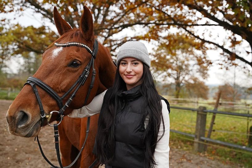 Training mit der rotbraunen Oldenburger Stute auf einem Reitplatz von Babetts Bildergalerie