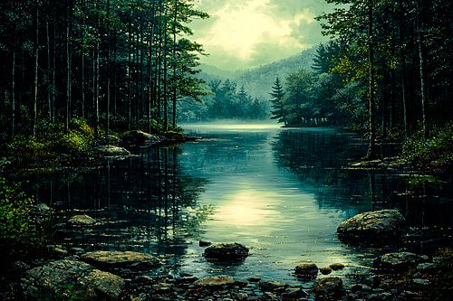 Spiegelend meer in boslandschap