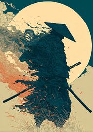 Silhouette eines Samurai-Kriegers vor dem Mond