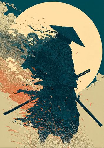 Samurai Warrior Silhouette Against Moon