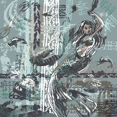 Mixed media - meermin in mint blauw en blauw grijs