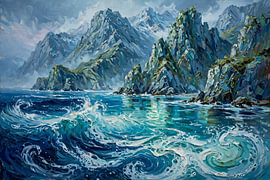 Impasto-olieverfschilderij met indrukwekkende kustgebergten en kolkende oceaangolven