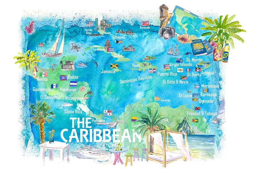 Illustrated travel map of the eastern and western Caribbean with sights and impressions by Markus Bleichner