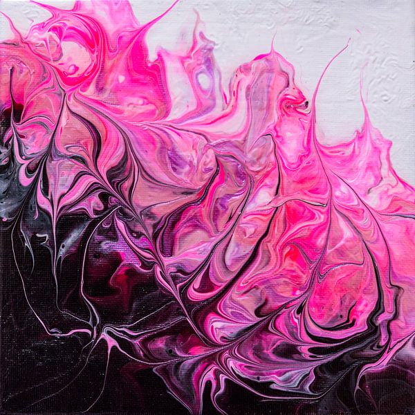 Abstract, organisch zwart wit roze acryl gieten schilderij van Anita Meis