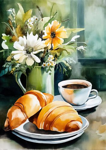 Aquarel: Koffie, croissants & bloemen