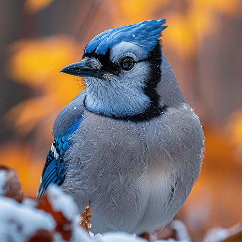 Een blauwe gaai in de winterse sneeuw en tussen de bladeren