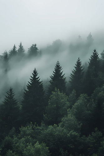 A mystical fir forest in the morning mist