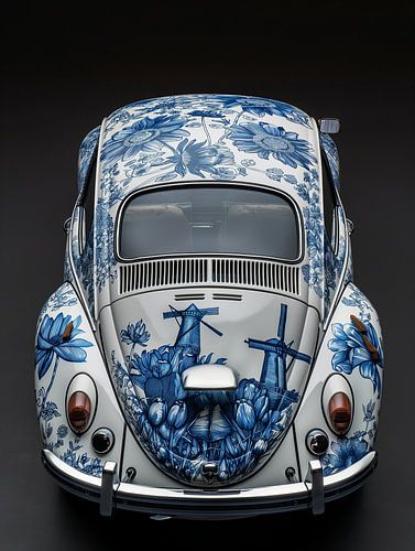 aanblik van de Achterkant van een oude volkswagen kever voorzien van Delfts blauwe afbeeldingen van Margriet Hulsker