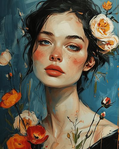 Botanisch portret in warme kleuren tegen een blauwe achtergrond