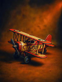 Vintage Red Biplane Tin Toy Retro Aviation Art by Dodik Hariyono