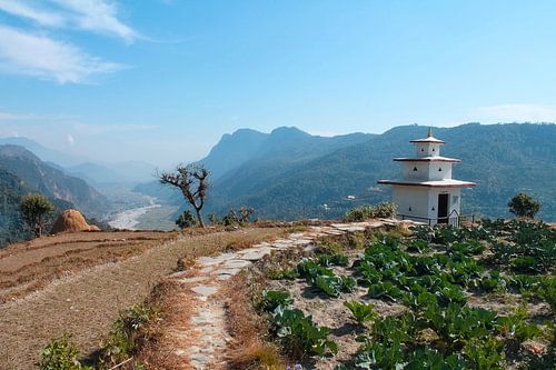 Nepalees zonnig uitzicht over vallei tijdens trektocht
