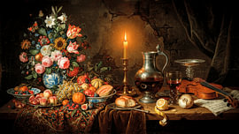 Nature morte classique pleine de charme représentant du vin et un violon, dans le style des Maîtres anciens sur Studio Pieternel