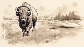 Büffel, der auf einem Feld läuft, Zeichnung, Büffel-Bleistiftzeichnung im Vintage-Stil.