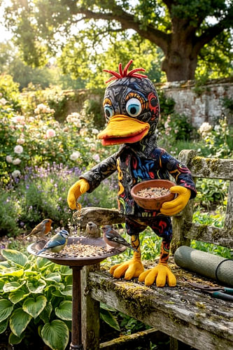 Eendenpop voert vogels in de tuin