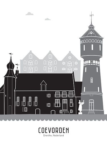Skyline illustration city of Coevorden in black-and-white-grey by Mevrouw Emmer