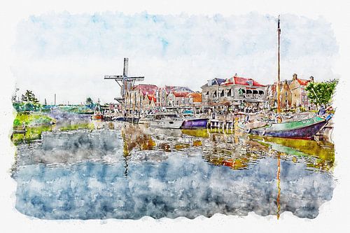 Binnenhaven Willemstad Brabant (aquarel, kunst)