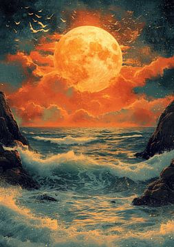 lune vagues mer océan maritime nuit sur Niklas Maximilian