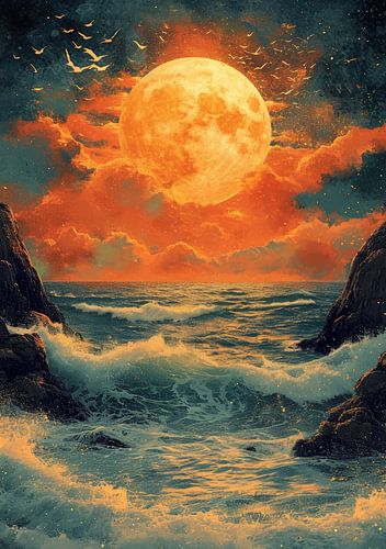 Moon Waves Sea Ocean Maritime Night