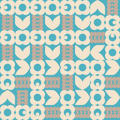 Retro 70s vintage stijl kunstwerk in blauw, perzik roze, wit