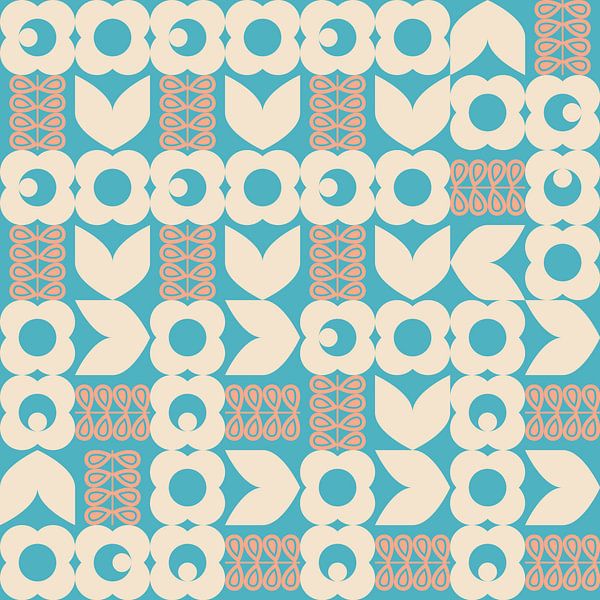 Retro 70s vintage stijl kunstwerk in blauw, perzik roze, wit van Dina Dankers