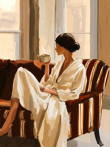 Ruhige Frau mit einer Tasse Kaffee im warmen Morgenlicht