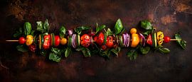 Brochettes de légumes multicolores sur support en bois sur Poster Art Shop